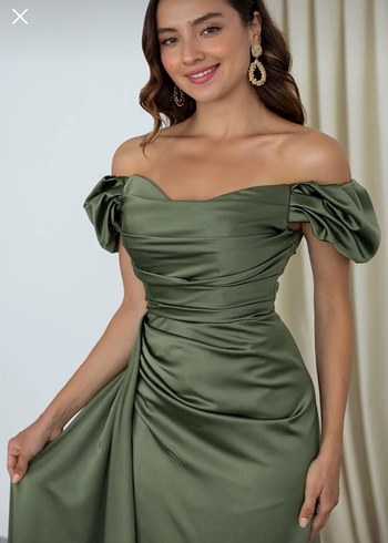 Kadın Haki Uzun Drapeli Abiye Elbise - Görsel 3