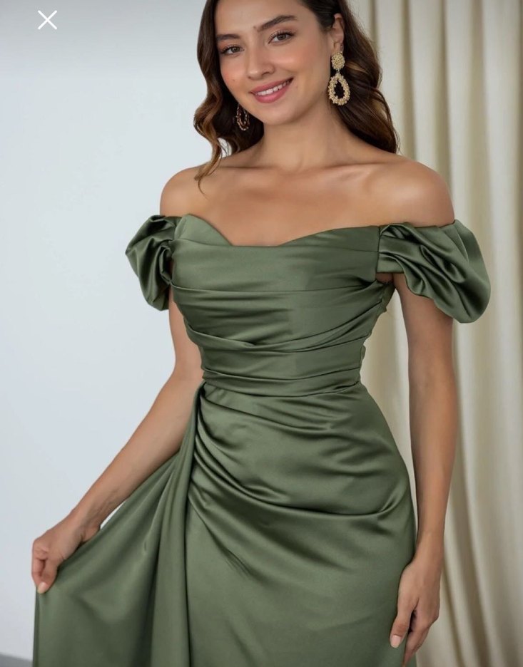 Kadın Haki Uzun Drapeli Abiye Elbise - Görsel 3