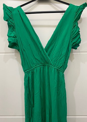 Yeşil V Yakalı Fırfırlı Uzun Elbise - Görsel 5