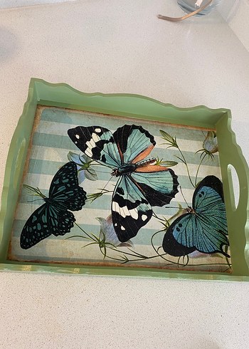 Kelebek Desenli Turkuaz Çerçeveli Tepsi - Görsel 4