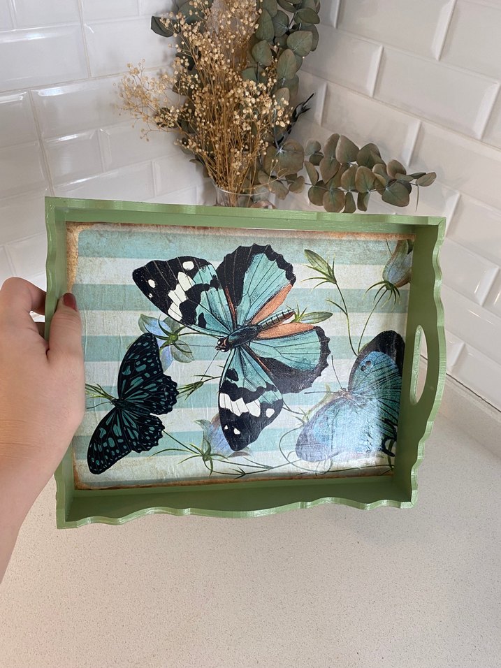 Kelebek Desenli Turkuaz Çerçeveli Tepsi - Görsel 3