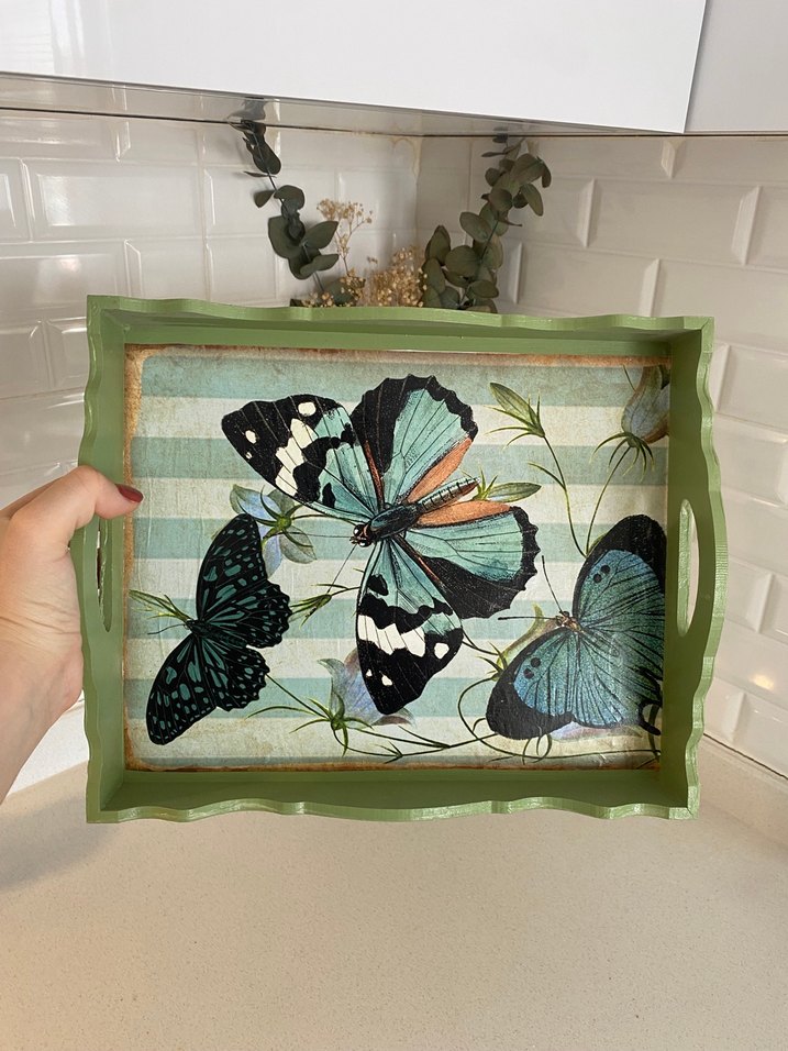 Kelebek Desenli Turkuaz Çerçeveli Tepsi - Görsel 2