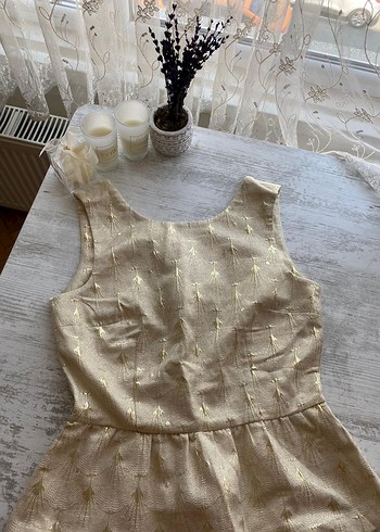 Kısa Bej Dantel İşlemeli Kadın Ofis Elbisesi - Görsel 3