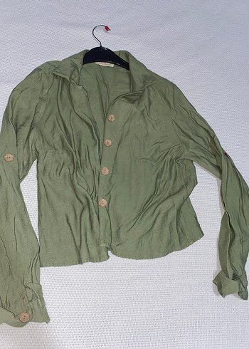 Düğmeli Yeşil Keten Kadın Gömlek - Görsel 2
