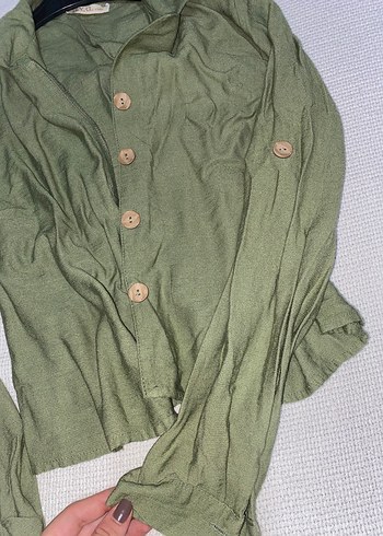 Düğmeli Yeşil Keten Kadın Gömlek - Görsel 5
