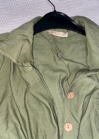 Düğmeli Yeşil Keten Kadın Gömlek - Görsel 4