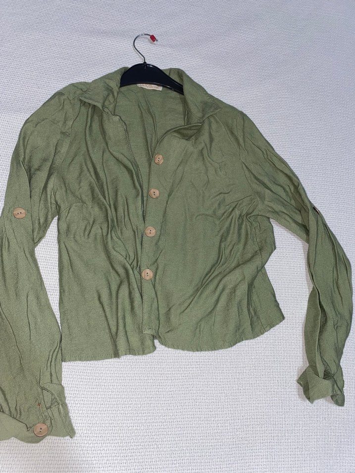 Düğmeli Yeşil Keten Kadın Gömlek - Görsel 2