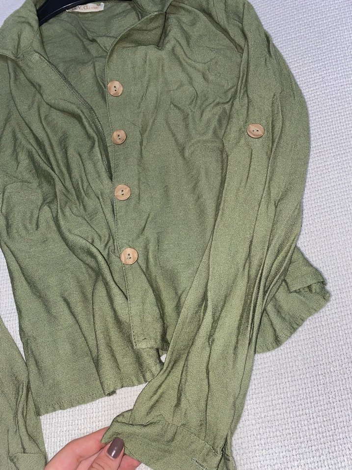 Düğmeli Yeşil Keten Kadın Gömlek - Görsel 5