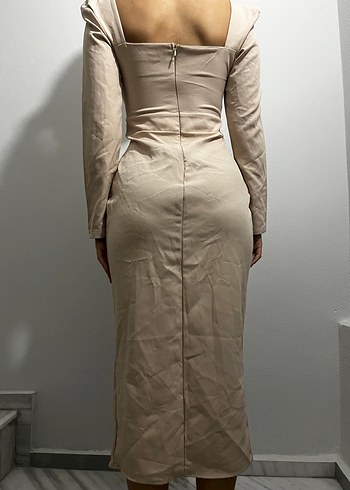 Bej Uzun Keten Elbise V Yaka - Görsel 2