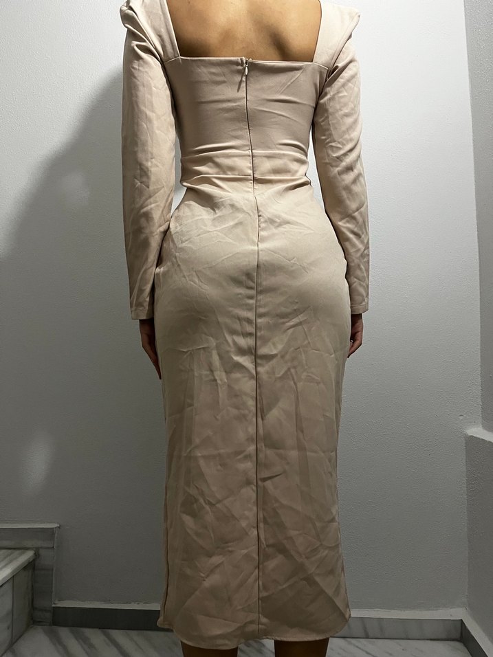 Bej Uzun Keten Elbise V Yaka - Görsel 2