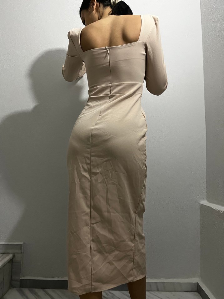 Bej Uzun Keten Elbise V Yaka - Görsel 3