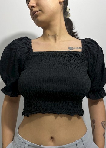Siyah Kısa Kollu Fitilli Kadın Bluz - Görsel 3