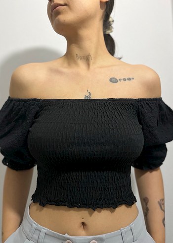 Siyah Kısa Kollu Fitilli Kadın Bluz - Görsel 2