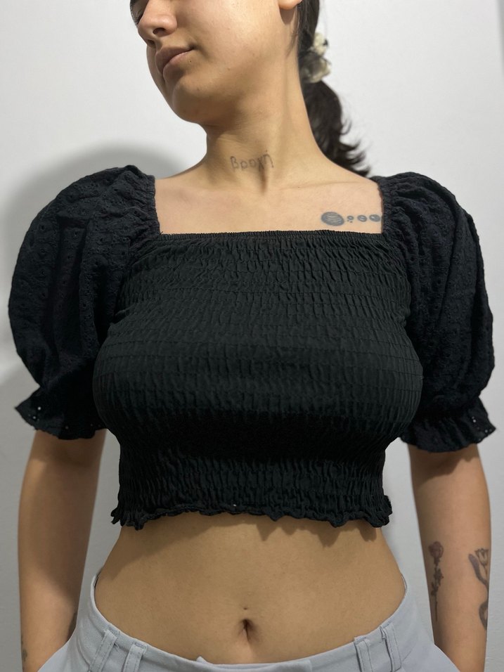 Siyah Kısa Kollu Fitilli Kadın Bluz - Görsel 3