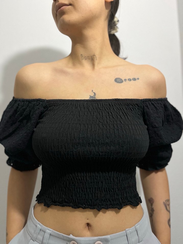 Siyah Kısa Kollu Fitilli Kadın Bluz - Görsel 2