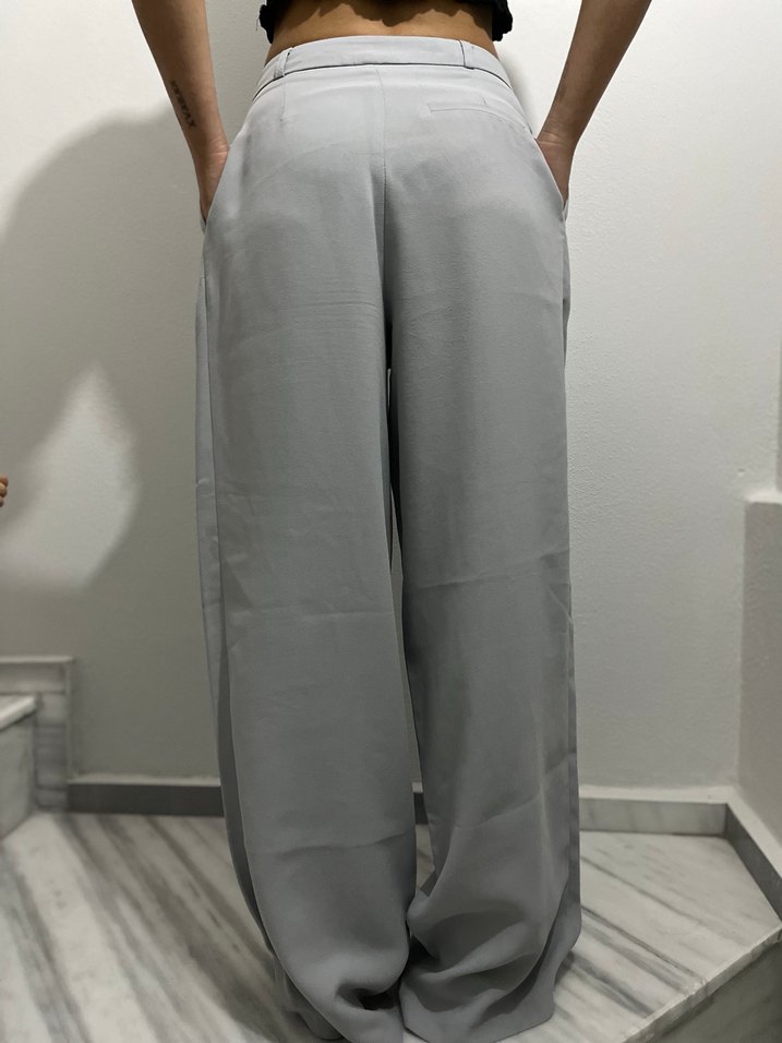 Gri Keten Rahat Kesim Kadın Pantolon - Görsel 3
