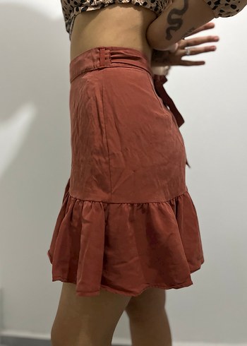 Kahverengi Fırfırlı Midi Keten Etek - Görsel 2