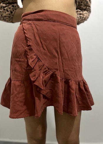 Kahverengi Fırfırlı Midi Keten Etek - Görsel 3