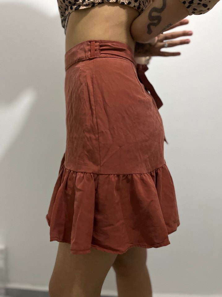 Kahverengi Fırfırlı Midi Keten Etek - Görsel 2