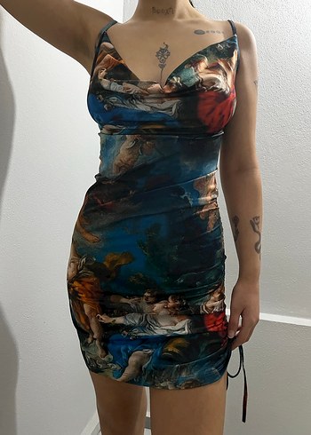 Drapeli Baskılı Mavi Midi Mini Elbise - Görsel 4