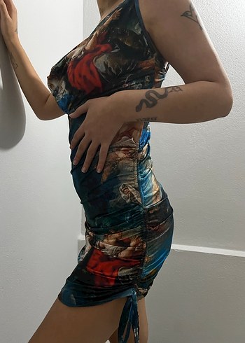 Drapeli Baskılı Mavi Midi Mini Elbise - Görsel 2