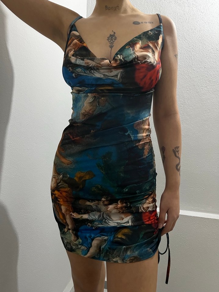 Drapeli Baskılı Mavi Midi Mini Elbise - Görsel 3