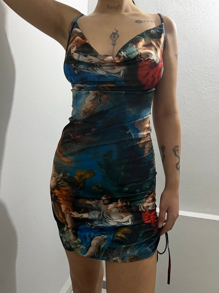 Drapeli Baskılı Mavi Midi Mini Elbise - Görsel 4