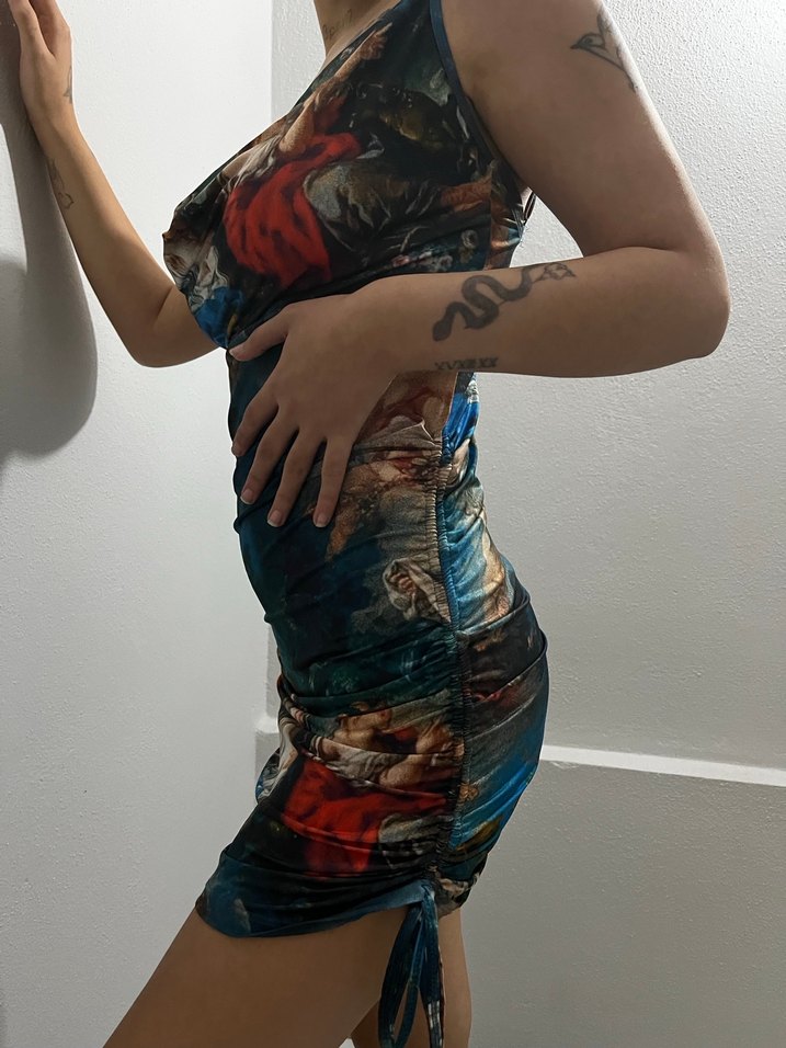 Drapeli Baskılı Mavi Midi Mini Elbise - Görsel 2