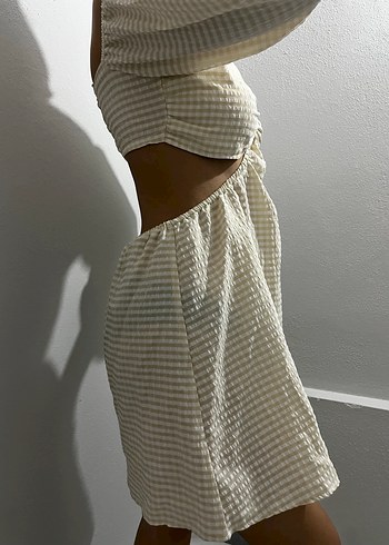 Beyaz Kareli Keten Mini Bohem Elbise - Görsel 2