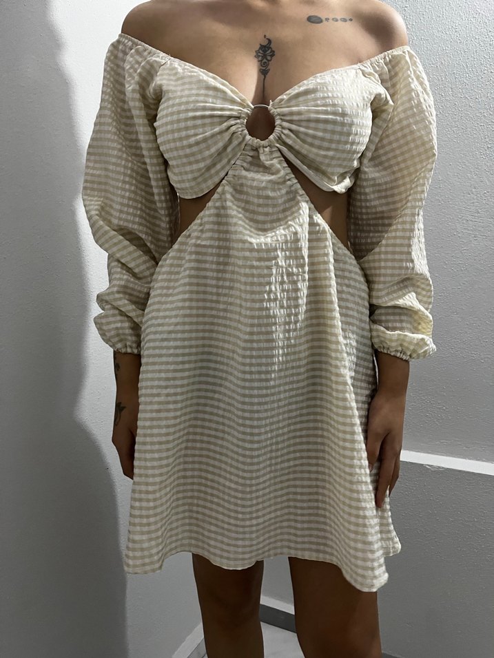 Beyaz Kareli Keten Mini Bohem Elbise - Görsel 3