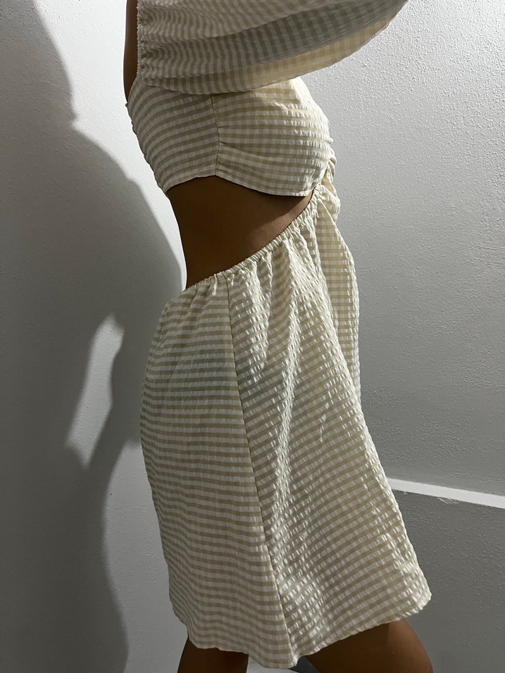 Beyaz Kareli Keten Mini Bohem Elbise - Görsel 2