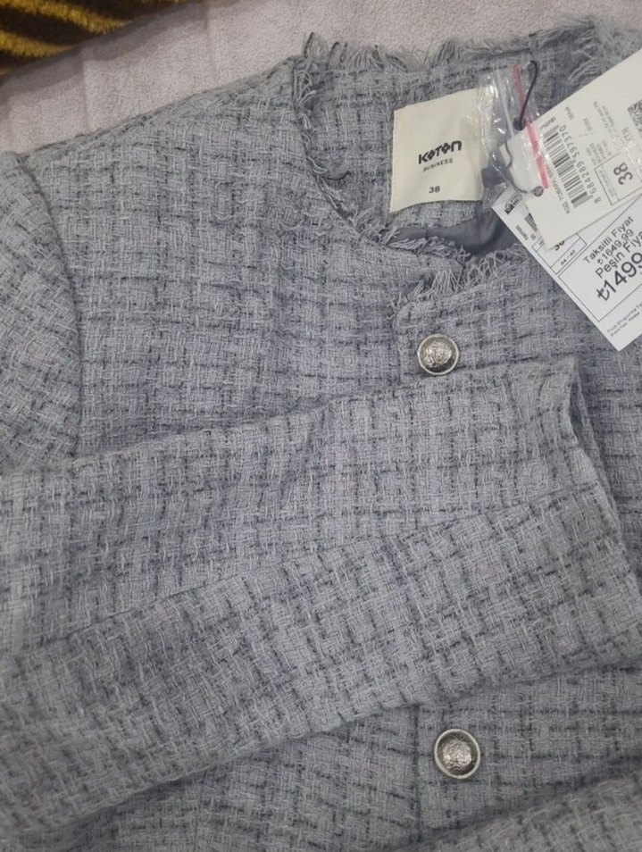 Düğmeli Gri Kadın Mini Ceket - Görsel 5