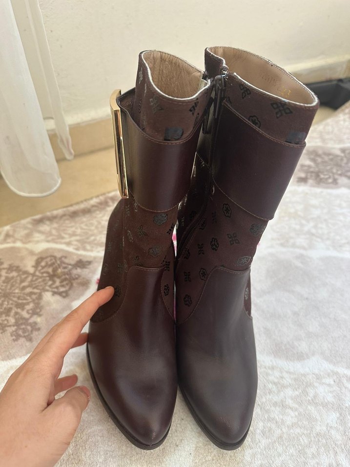 Kahverengi Yüksek Topuklu Deri Kadın Bot - Görsel 3