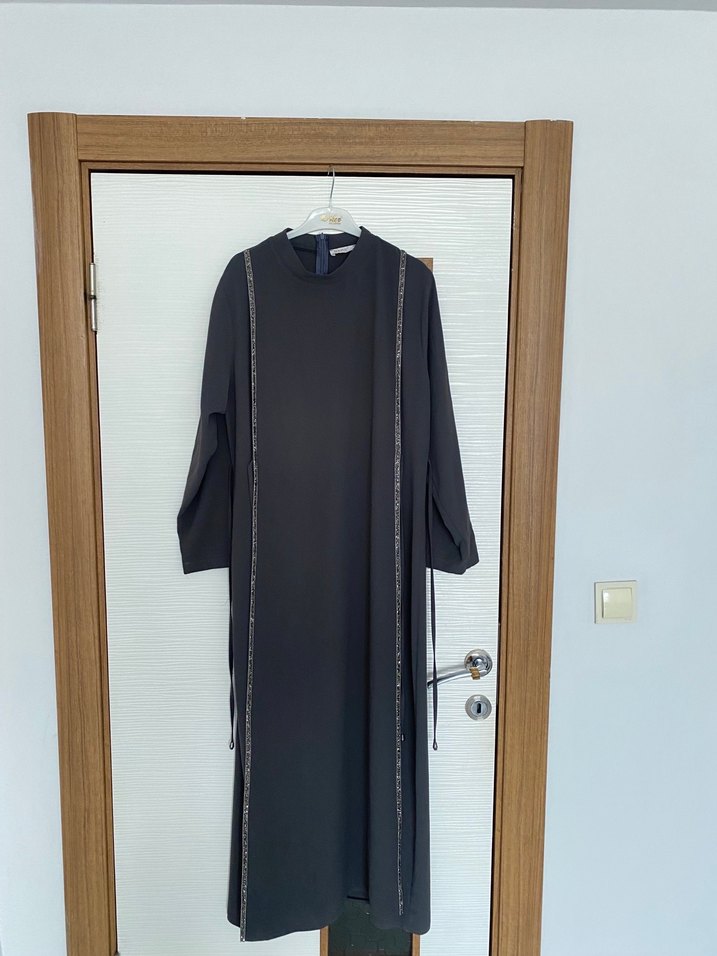 Gri Uzun Kol Drapeli Kadın Elbise - Görsel 2