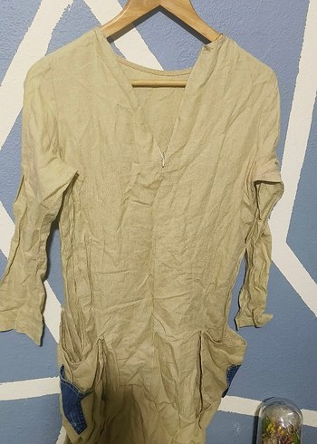 Bej Uzun Kollu Hamile Keten Tunik - Görsel 3