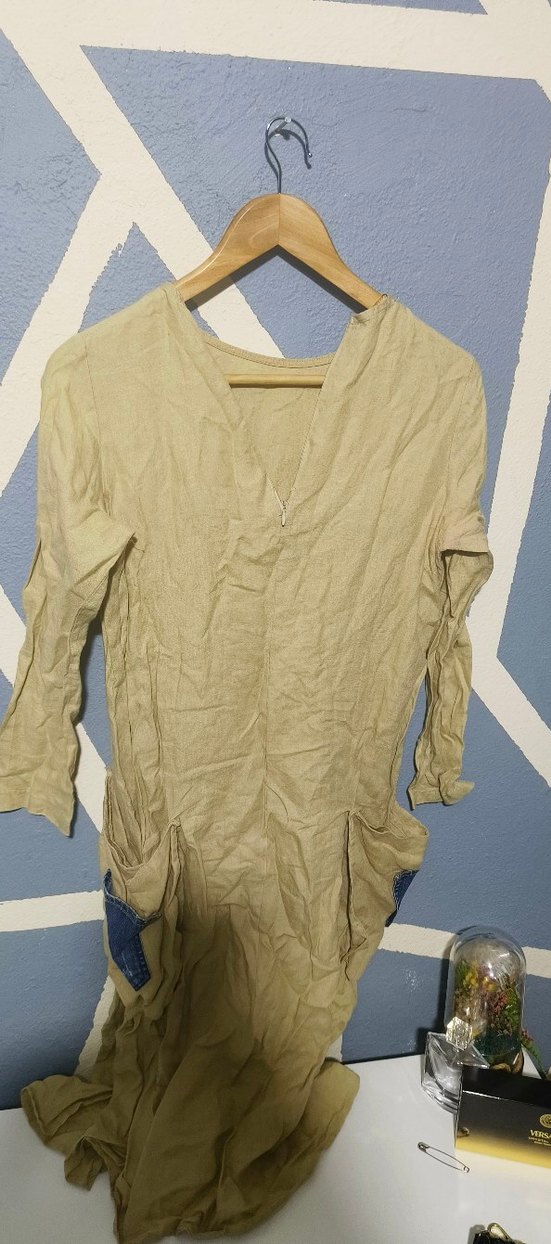 Bej Uzun Kollu Hamile Keten Tunik - Görsel 3