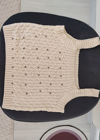 Kadın Bej Örgü Kolsuz Triko Süveter - Görsel 2