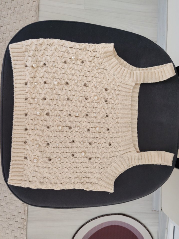 Kadın Bej Örgü Kolsuz Triko Süveter - Görsel 2