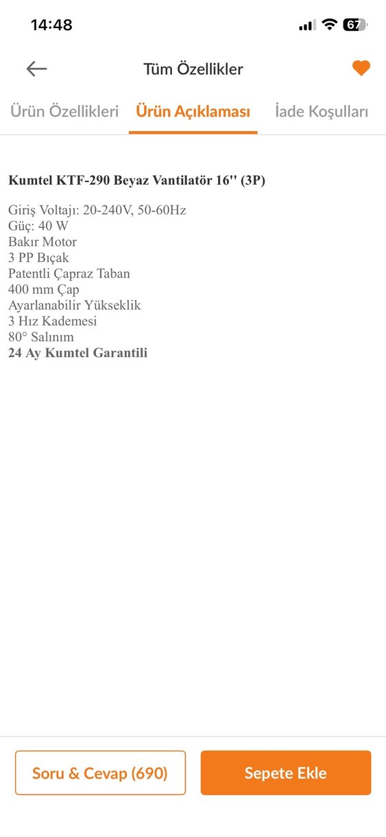 Kumtel KTF-290 Beyaz Vantilatör 16" (3P) - Görsel 2