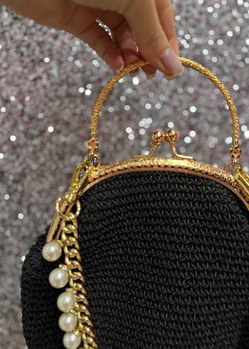 İnci Detaylı Zincir Askılı Siyah Örgü Çanta - Görsel 3