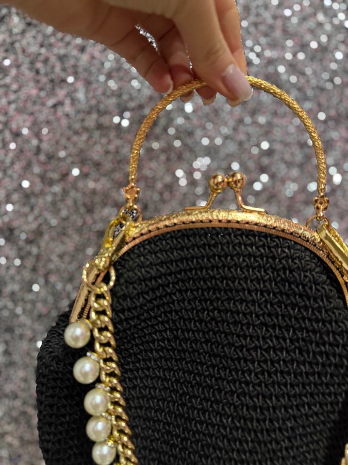 İnci Detaylı Zincir Askılı Siyah Örgü Çanta - Görsel 3