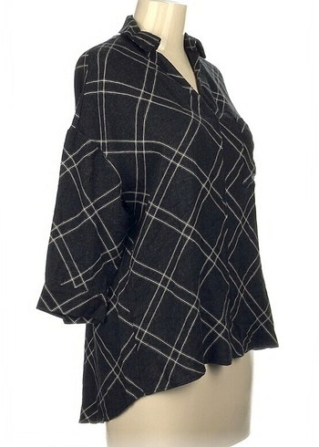 Gri Keten Kadın Gömlek V Yaka Düğmeli - Görsel 2