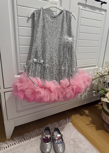 Pembe ve Gri Tül Detaylı Kız Çocuk Elbisesi