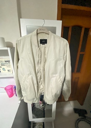Beyaz /ekru erkek bomber Ceket - Görsel 3