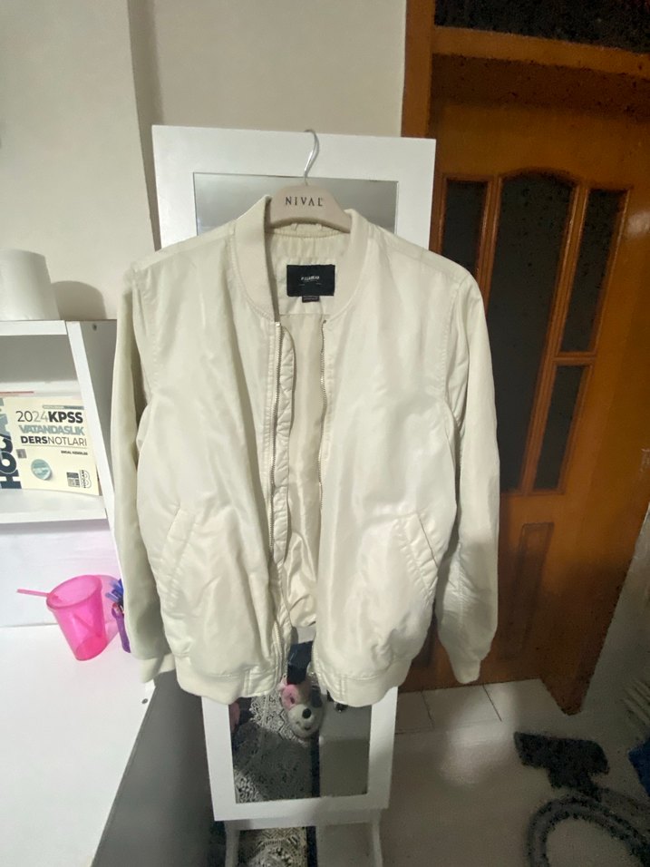 Beyaz /ekru erkek bomber Ceket - Görsel 3