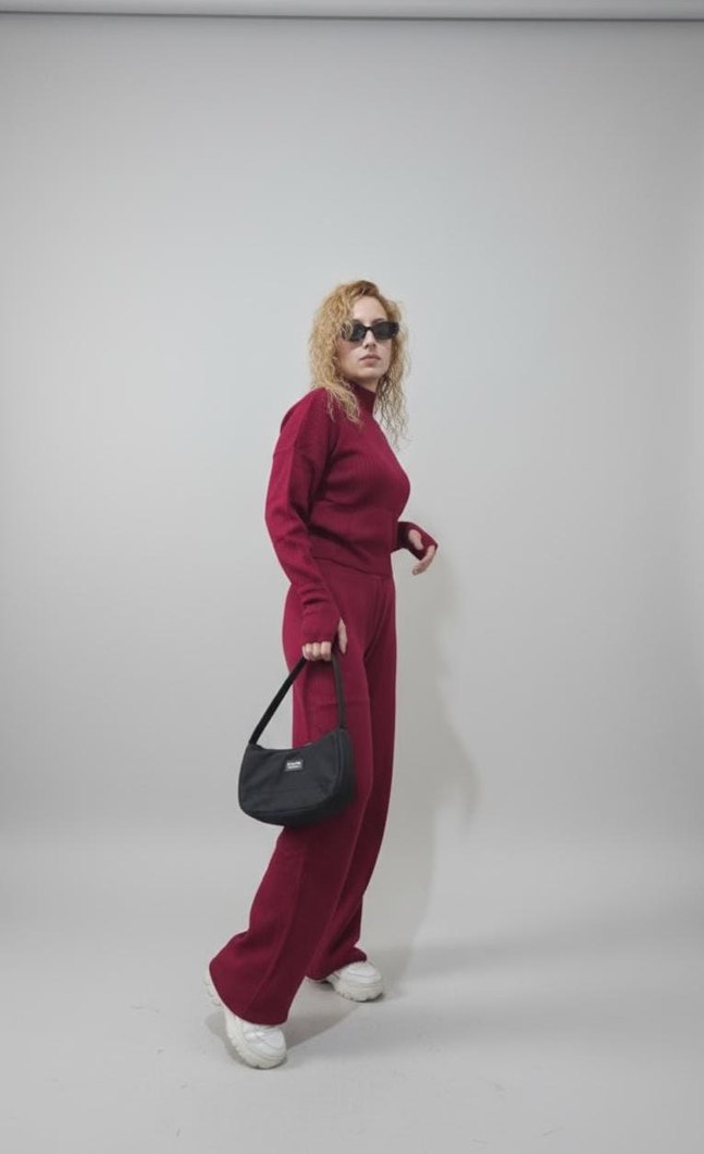 Bordo Yüksek Yakalı Kadın Eşofman Takımı - Görsel 3