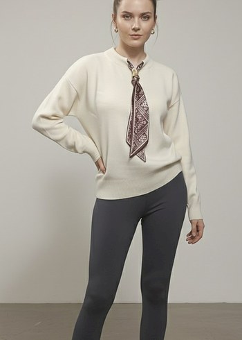 Ekru / Krem Fular Detaylı Şık Triko Kazak - Görsel 2