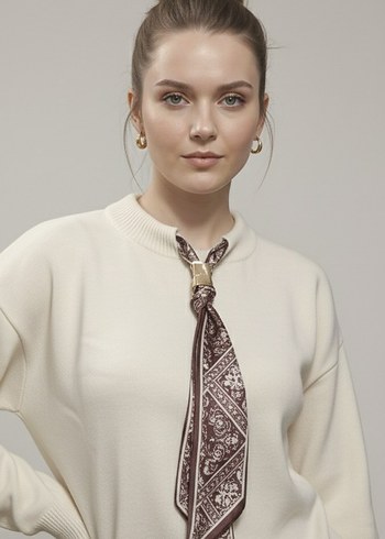 Ekru / Krem Fular Detaylı Şık Triko Kazak - Görsel 3