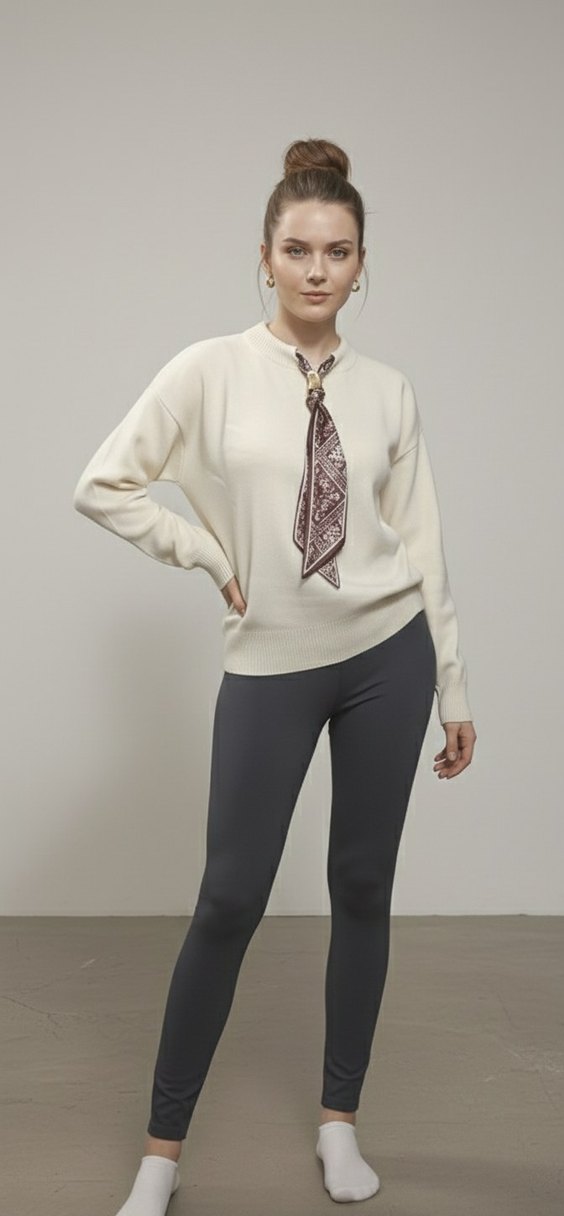 Ekru / Krem Fular Detaylı Şık Triko Kazak - Görsel 2