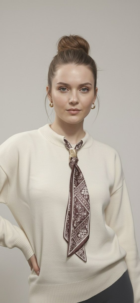 Ekru / Krem Fular Detaylı Şık Triko Kazak - Görsel 3